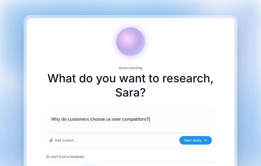 Koji home screen asking "What do you want to research?" with a question typed and a Start study button