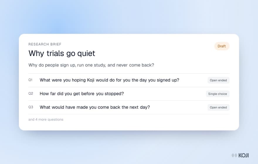 Koji research brief with three interview questions and their question types