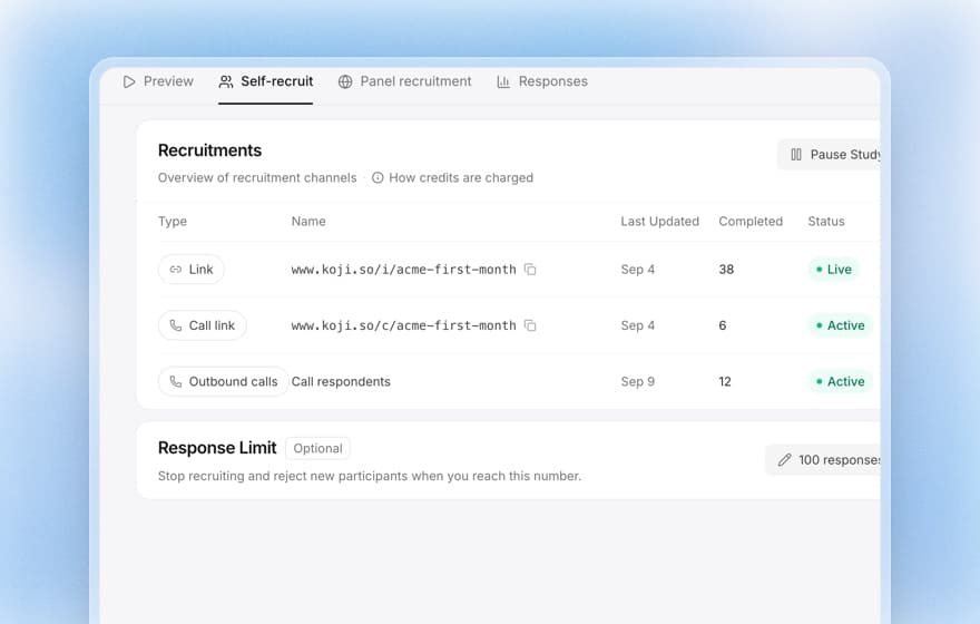 Koji recruitment channels table with an interview link, a call link and outbound calls, each with completions.