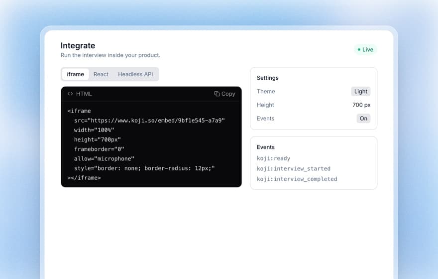Koji embed settings with an iframe code snippet, theme and height options and interview events
