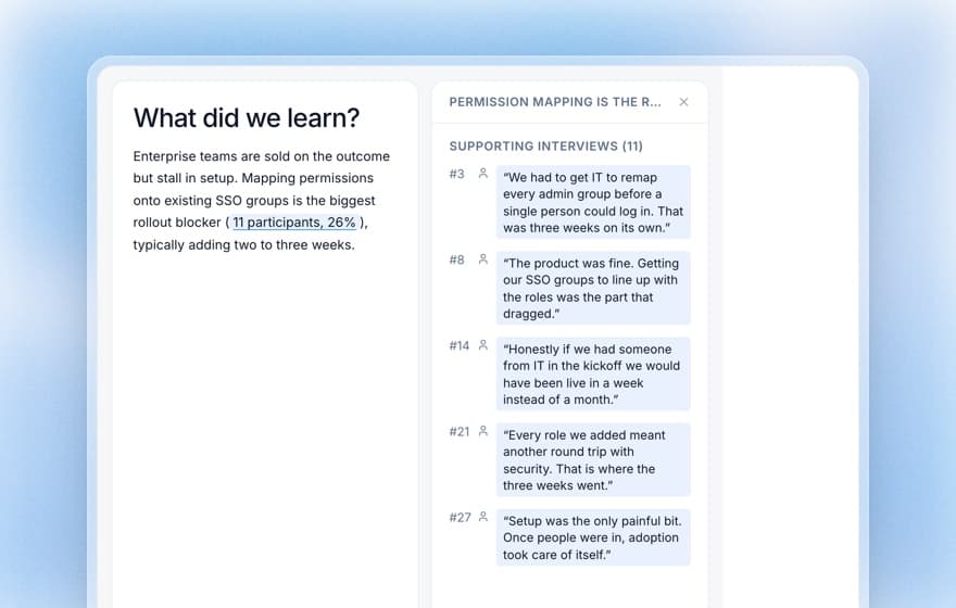 Koji report summary with a side panel of supporting participant quotes behind one finding