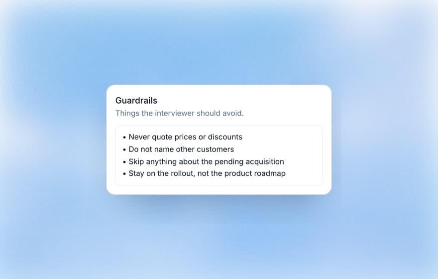 Koji guardrails settings listing topics the AI interviewer should avoid, like prices and other customers