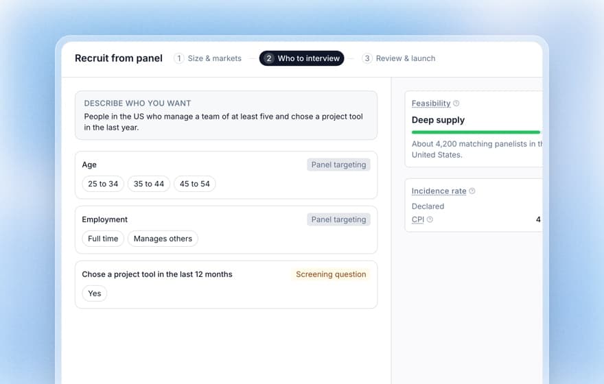 Koji panel recruitment wizard with audience targeting by age and employment and a supply feasibility estimate