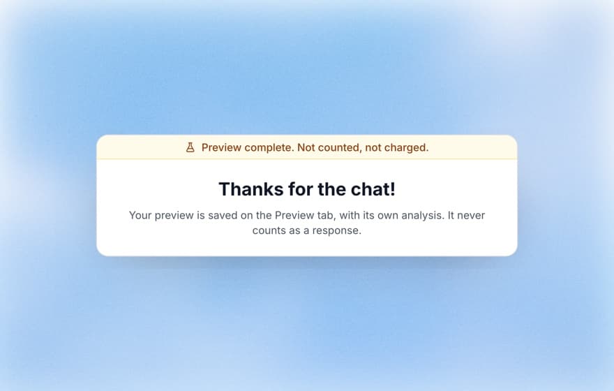 Koji preview completion screen confirming a test interview is saved and does not count as a response