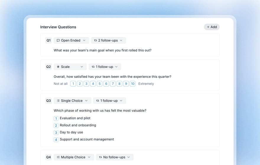 Koji question editor showing open ended, 1 to 10 scale and single choice questions with follow-up settings