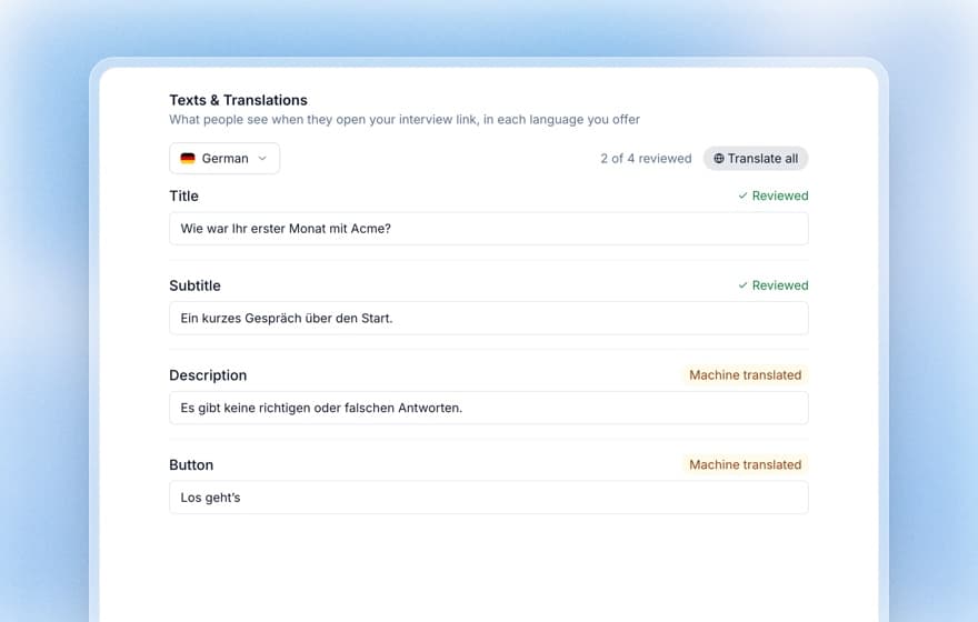 Koji translations editor with German interview text marked as reviewed or machine translated.