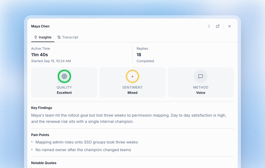 Koji single interview insights panel with quality, sentiment, method, key findings and pain points