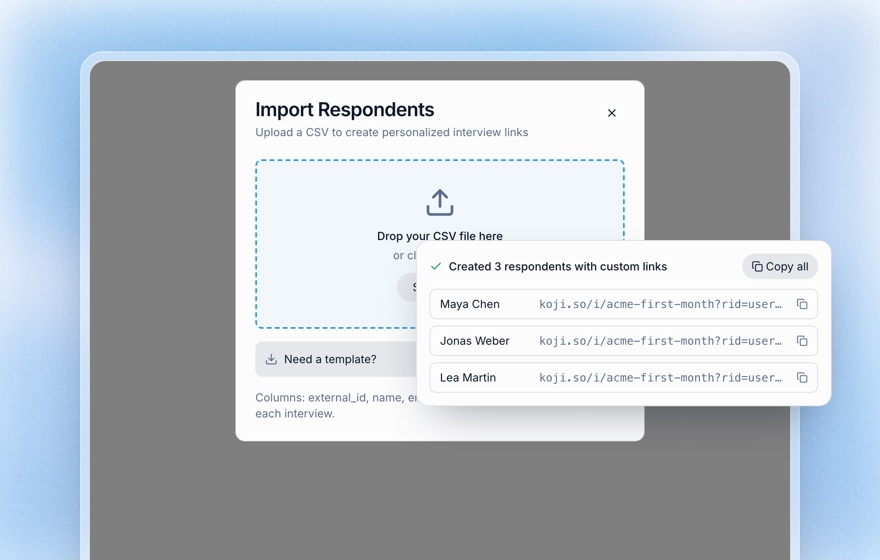 Koji CSV import dialog creating personalised interview links for three respondents