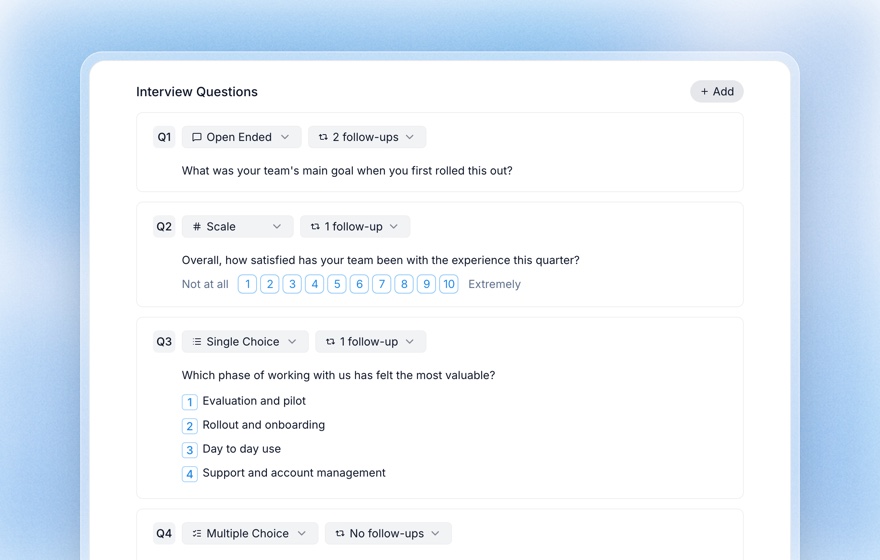 Koji question editor showing open ended, 1 to 10 scale and single choice questions with follow-up settings