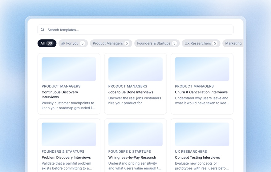 Koji template library with filters by role and cards for Jobs to Be Done, churn and concept testing interviews