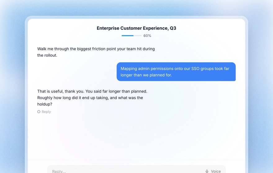Koji text interview chat where the AI asks a probing follow-up after a participant's answer