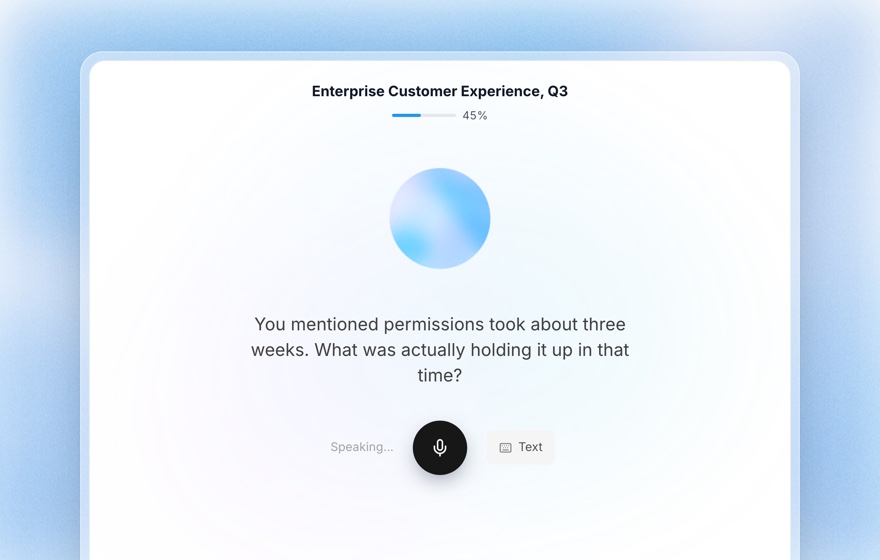 Koji voice interview in progress with an AI orb asking a follow-up question and a microphone button