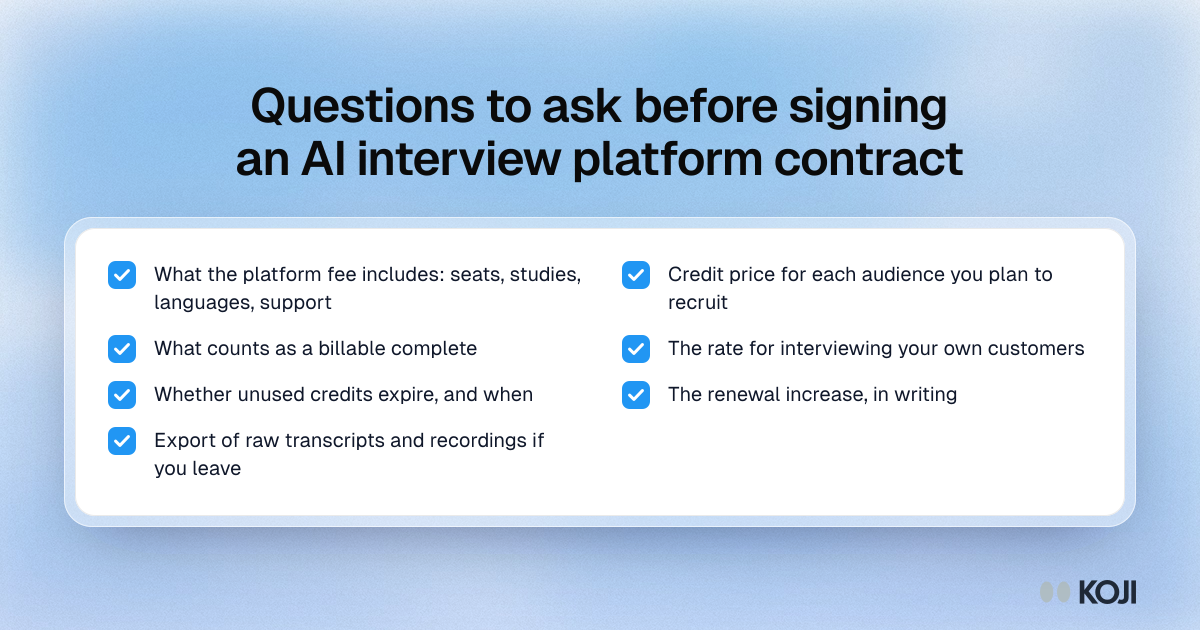 Checklist of questions to ask before signing an AI interview platform contract, covering billing, quality, recruitment, data and exit terms.