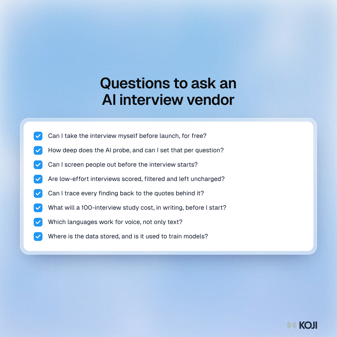 Checklist of eight questions to ask before choosing an AI interview platform, from free previews to data storage