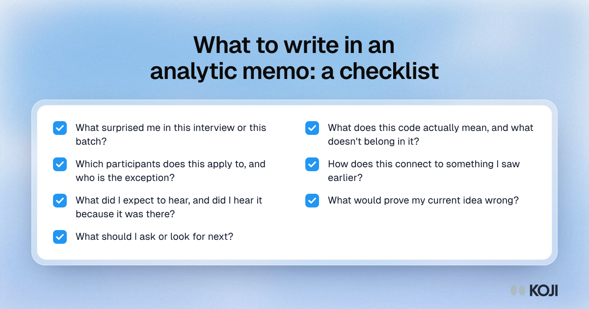 Checklist of questions to answer in an analytic memo, from what surprised you to what would prove your current idea wrong and what to ask next.