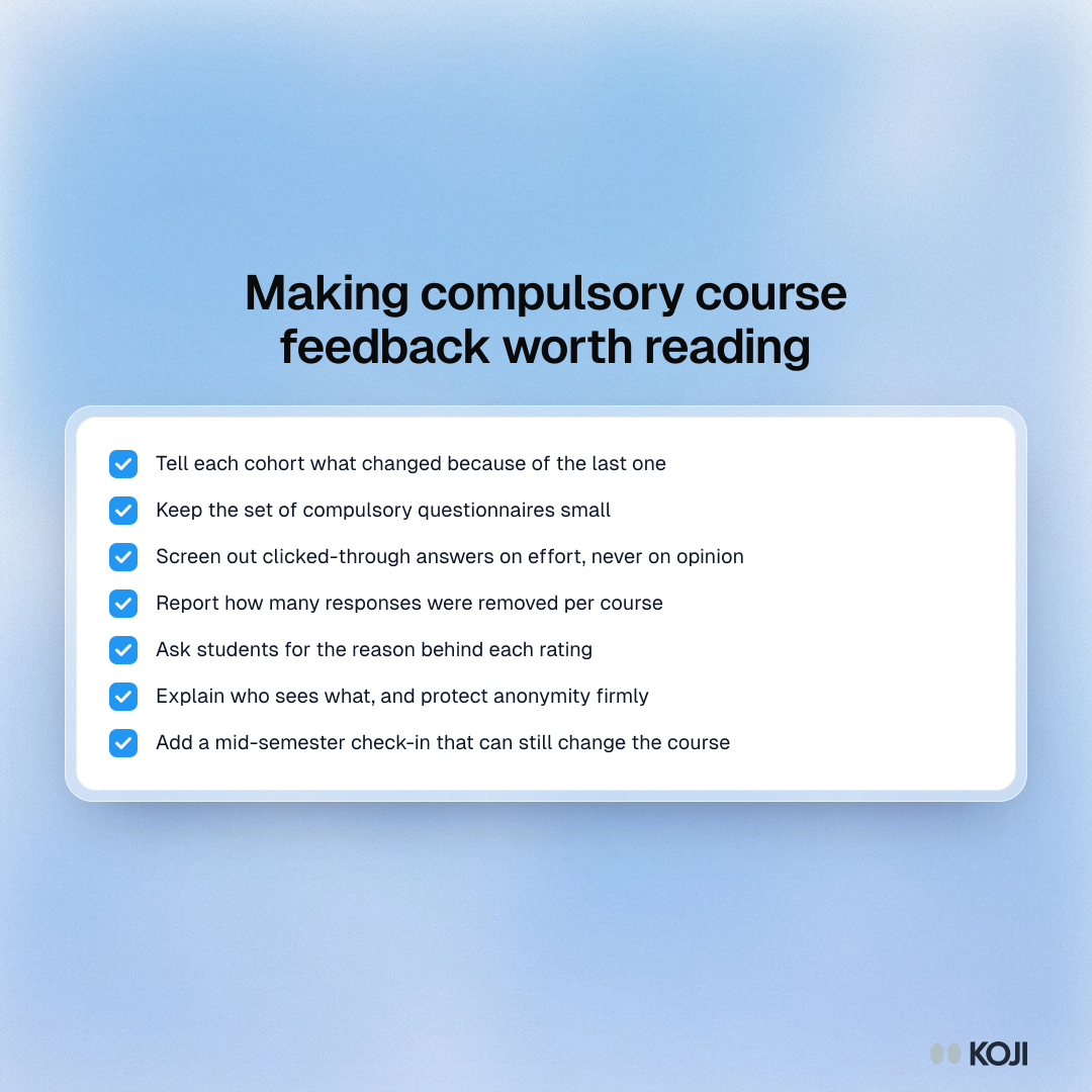 Checklist for making compulsory course feedback worth reading, from closing the loop to screening clicked-through answers and protecting anonymity.