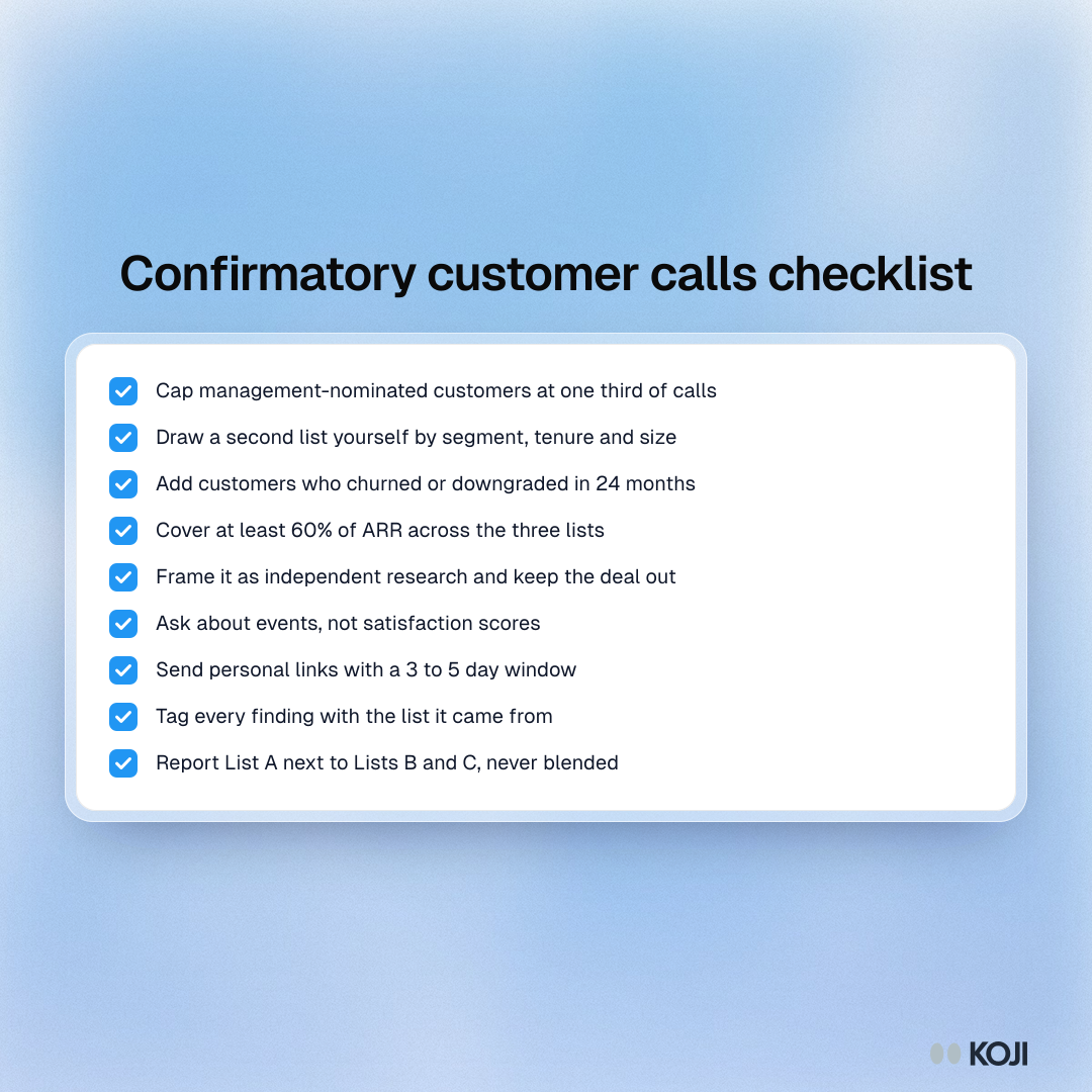 Checklist for confirmatory customer calls in due diligence covering three lists, sample size, framing and how to report results.