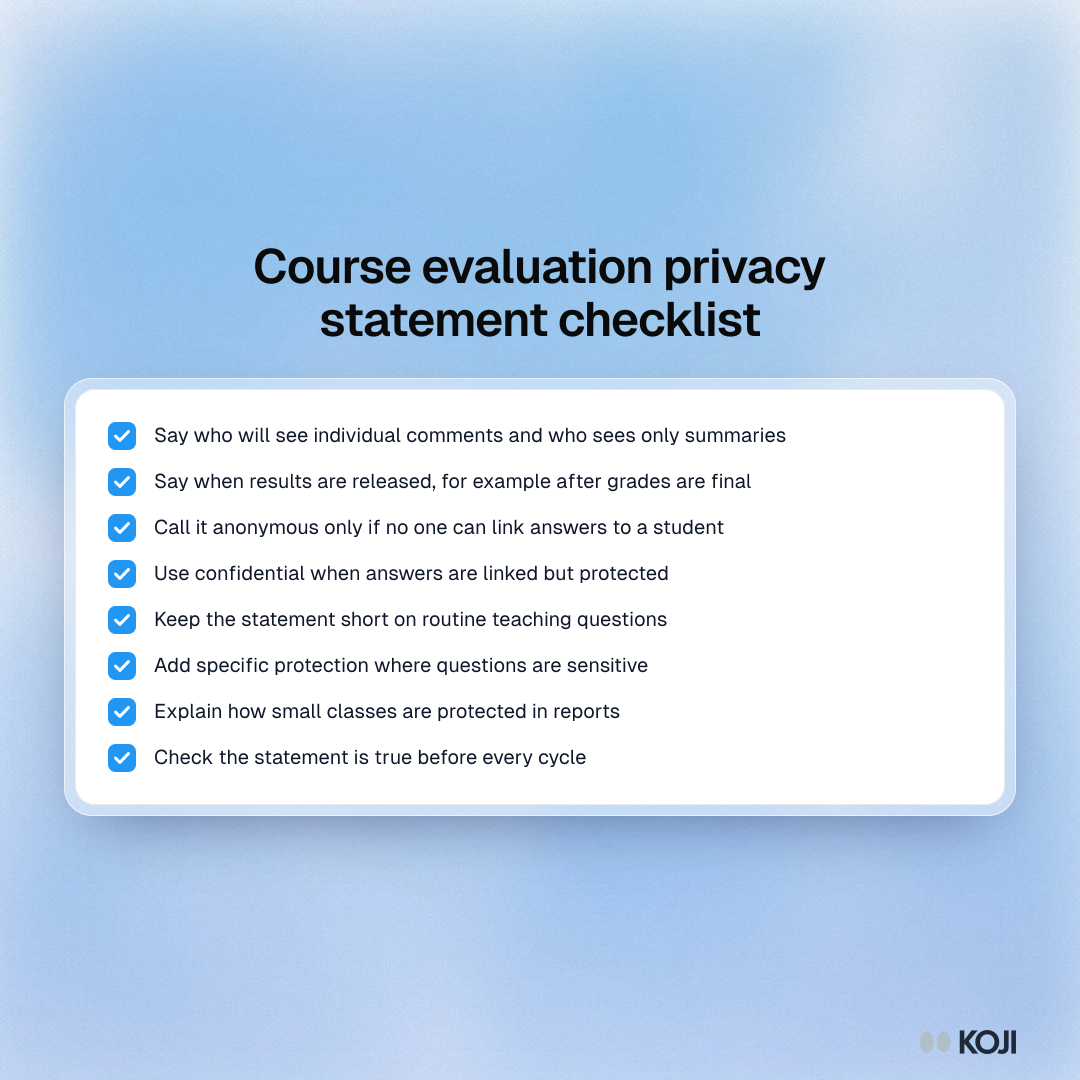 Checklist for writing a course evaluation privacy statement: who sees comments, when results are released, anonymous versus confidential, small classes.
