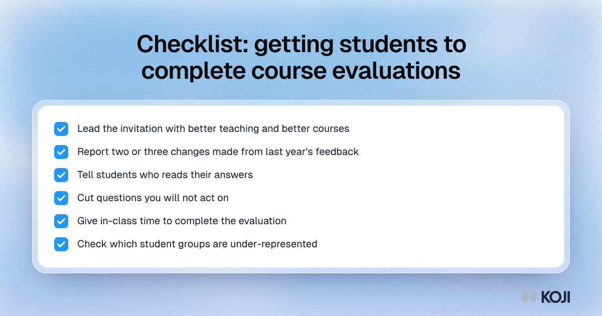Checklist: getting students to complete course evaluations Checklist of six steps that raise students' reasons to complete course evaluations, from invitation wording to showing what changed last year.