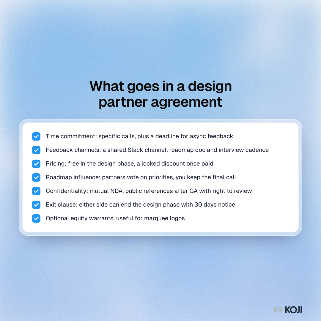 Checklist of the seven points in a one-page design partner agreement, from time commitment and pricing to the exit clause and optional equity warrants.