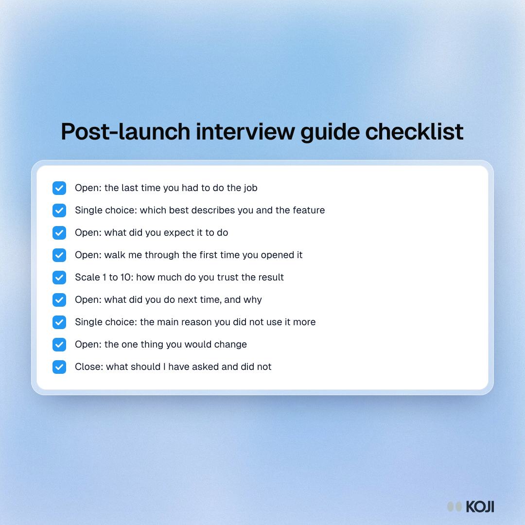 Checklist of the nine questions in a post-launch interview guide, from the last time the job came up to what the interviewer should have asked.