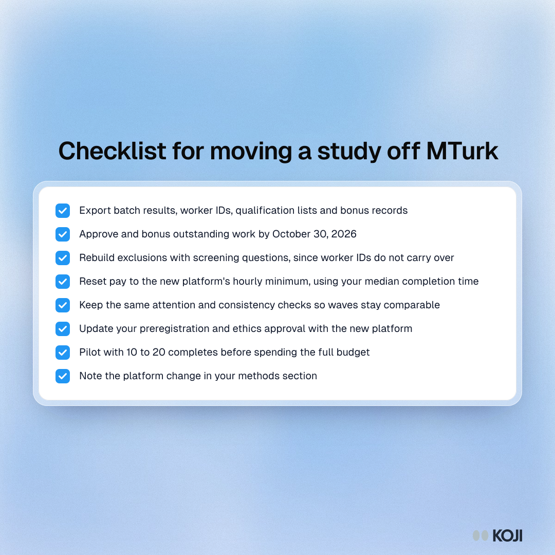 Checklist for moving a research study off Mechanical Turk, from exporting worker IDs to piloting with a small sample on the new platform.