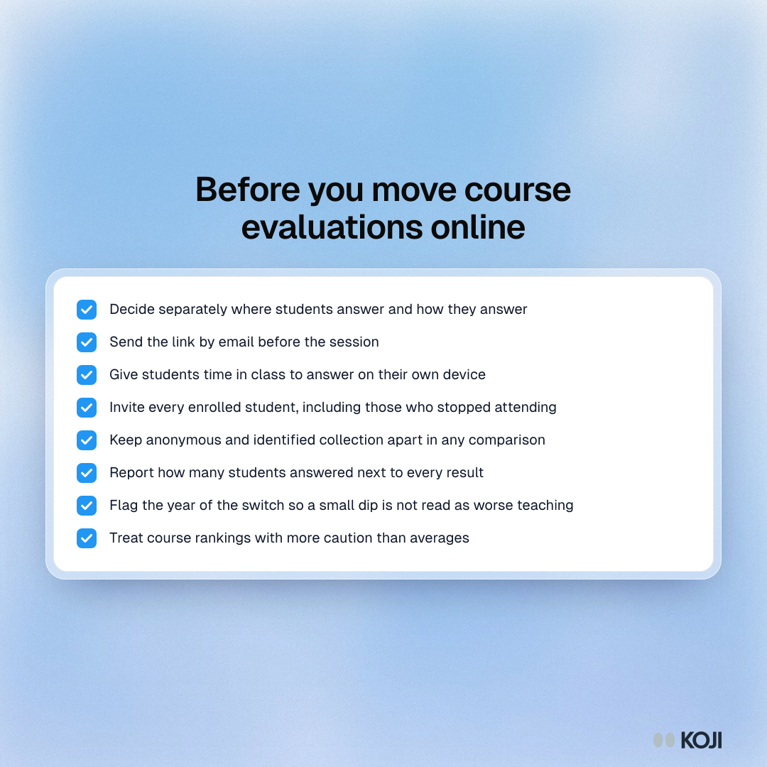 Before you move course evaluations online Checklist of eight steps for moving course evaluations online: separate setting from method, give class time, email first, reach absent students, report counts