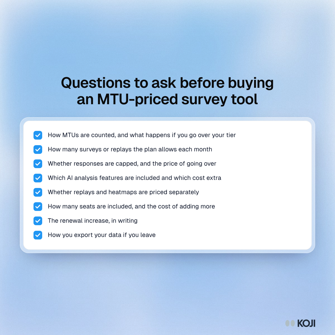 Checklist of questions to ask before buying an MTU-priced survey tool, from how users are counted to limits, AI features, seats and export.