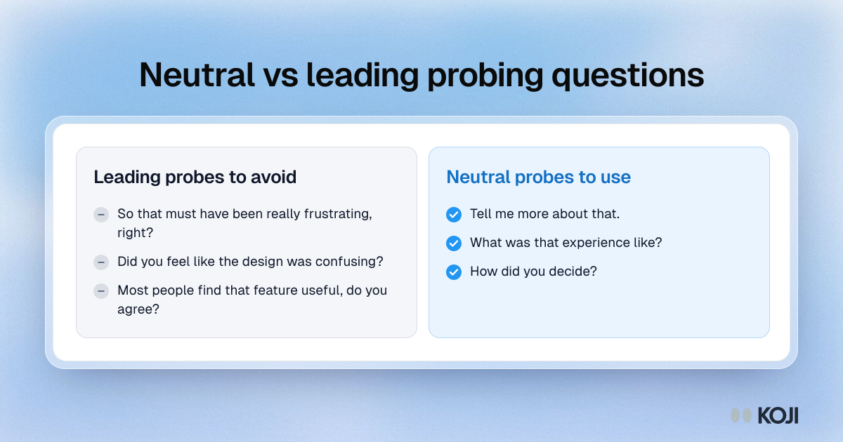 Comparison of leading probes to avoid and neutral probes to use in research interviews, with three example questions for each.
