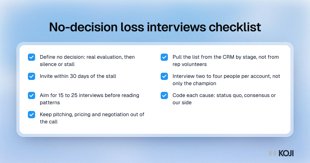 Checklist of seven checks for no-decision loss interviews, from defining the deals to interviewing the whole buying group and coding the cause.