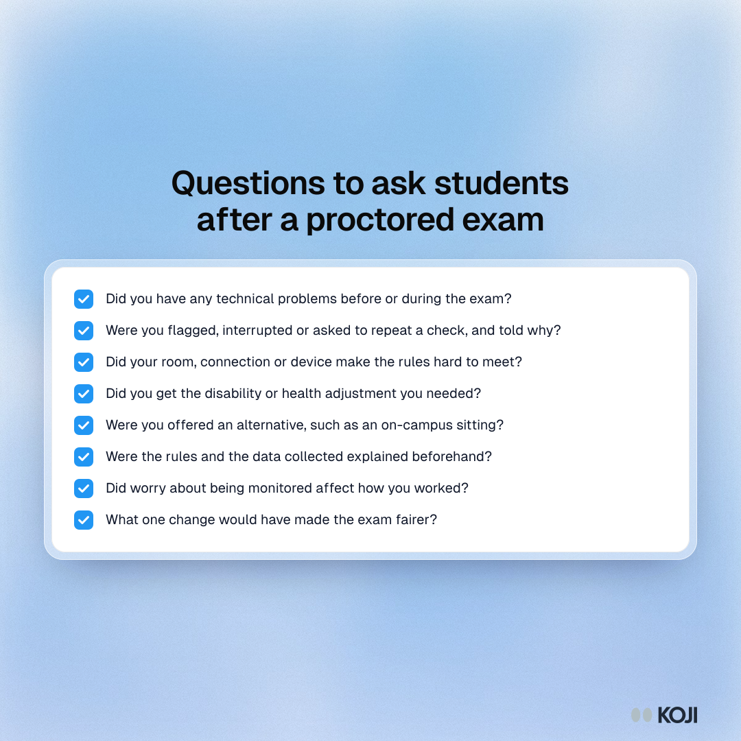 Questions to ask students after a proctored exam Checklist of eight questions to ask students after an online proctored exam, covering technical problems, flags, accessibility and alternatives.