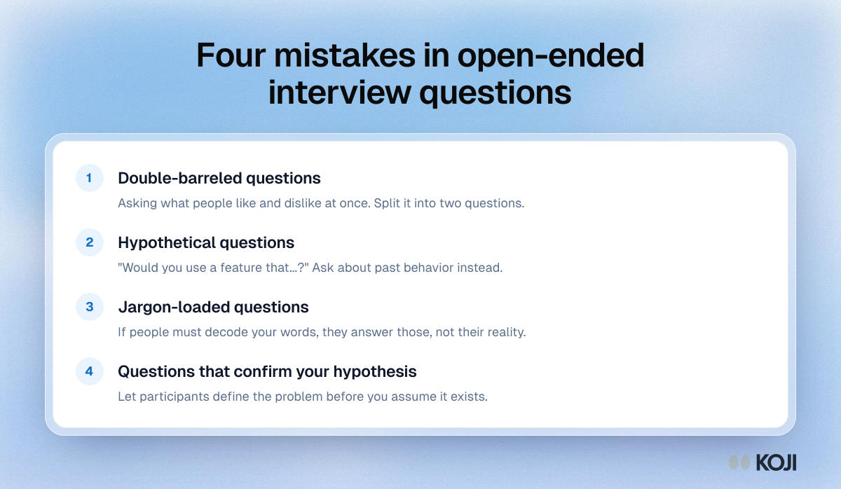 Four mistakes in open-ended interview questions Listicle of four mistakes that weaken open-ended interview questions: double-barreled, hypothetical, jargon-loaded and hypothesis-confirming questions.
