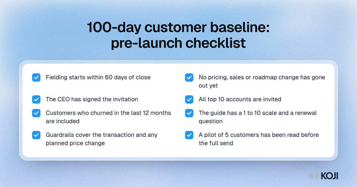 Checklist of eight things to confirm before sending customer interview invitations in the first 100 days after a PE acquisition.