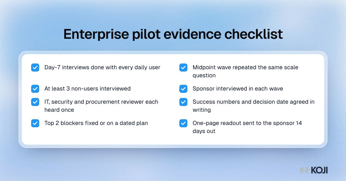Checklist of evidence to have before an enterprise pilot review: user and non-user interviews, sponsor verdict, reviewer concerns, decision date.