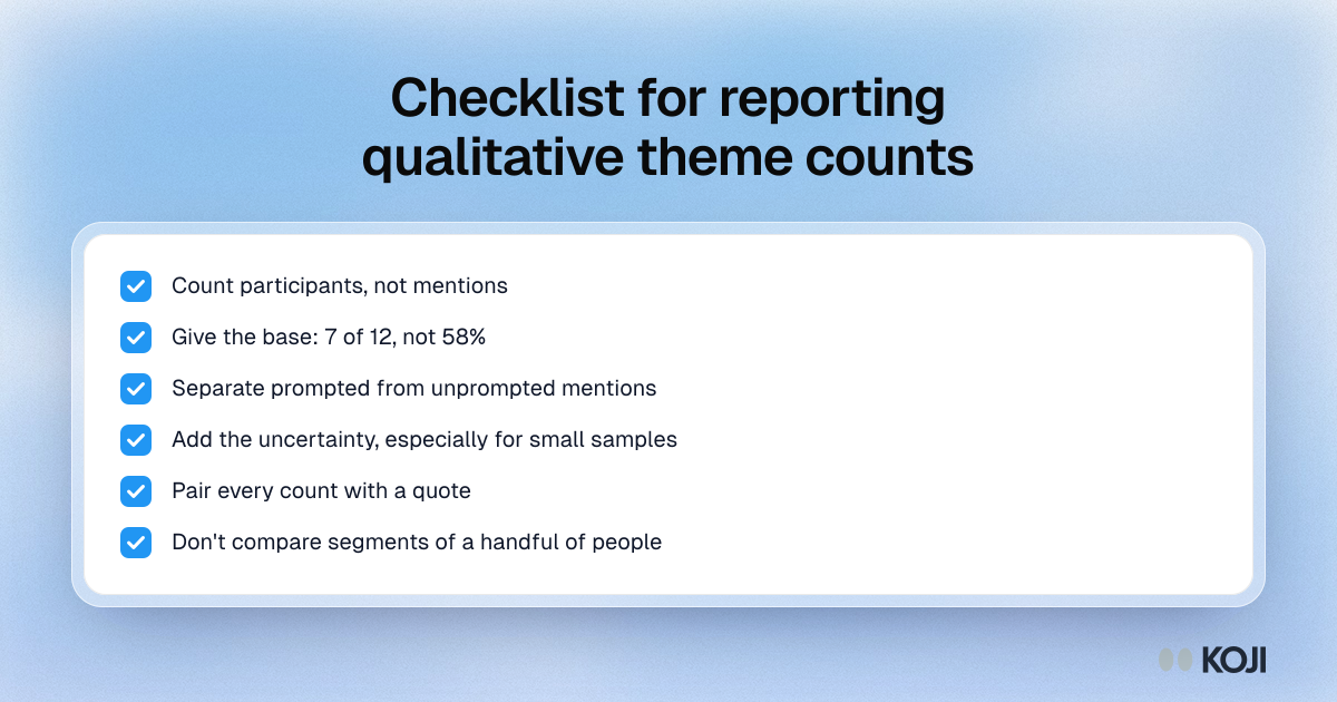 Checklist of six checks before putting a number on a qualitative theme, from counting people not mentions to stating the base.