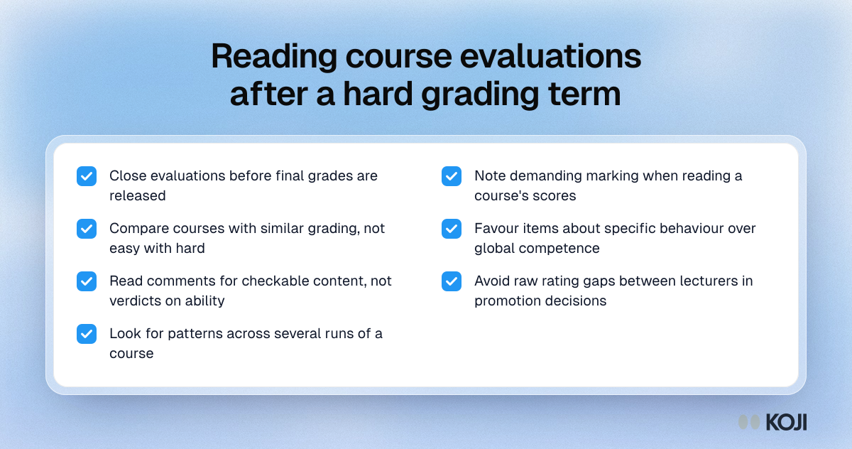 Checklist for reading course evaluations fairly after a demanding grading term, covering timing, item wording, comparisons and comments.