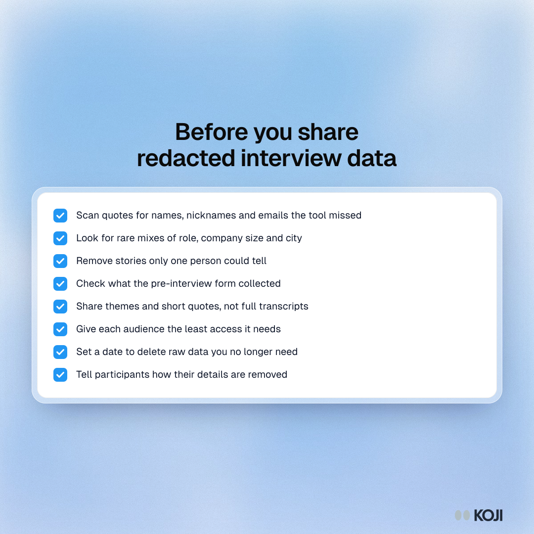 Checklist of eight things to check before sharing redacted interview data, from scanning quotes for missed names to setting a deletion date
