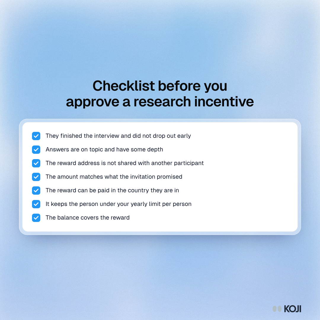 Checklist of seven things to check before approving a research incentive, from completion and answer quality to repeat respondents and tax limits.