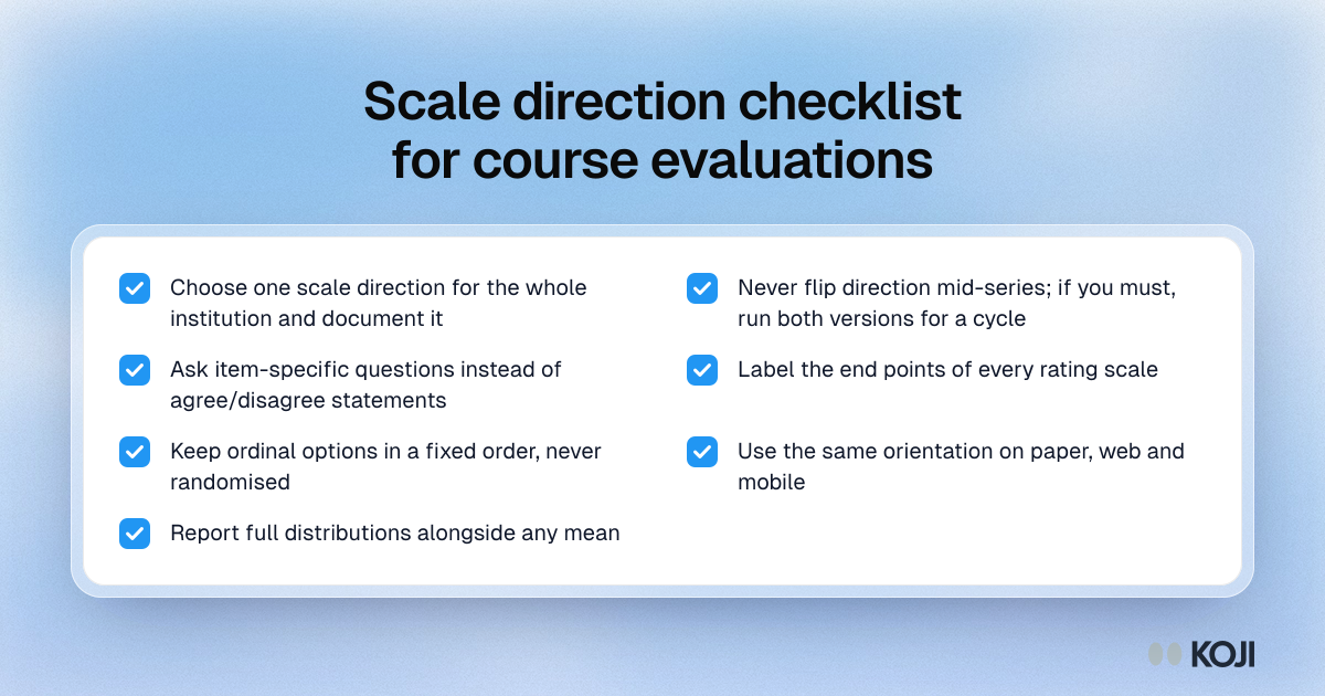 Checklist of seven rules for rating scale direction in course evaluation questionnaires, from one fixed direction to reporting distributions.