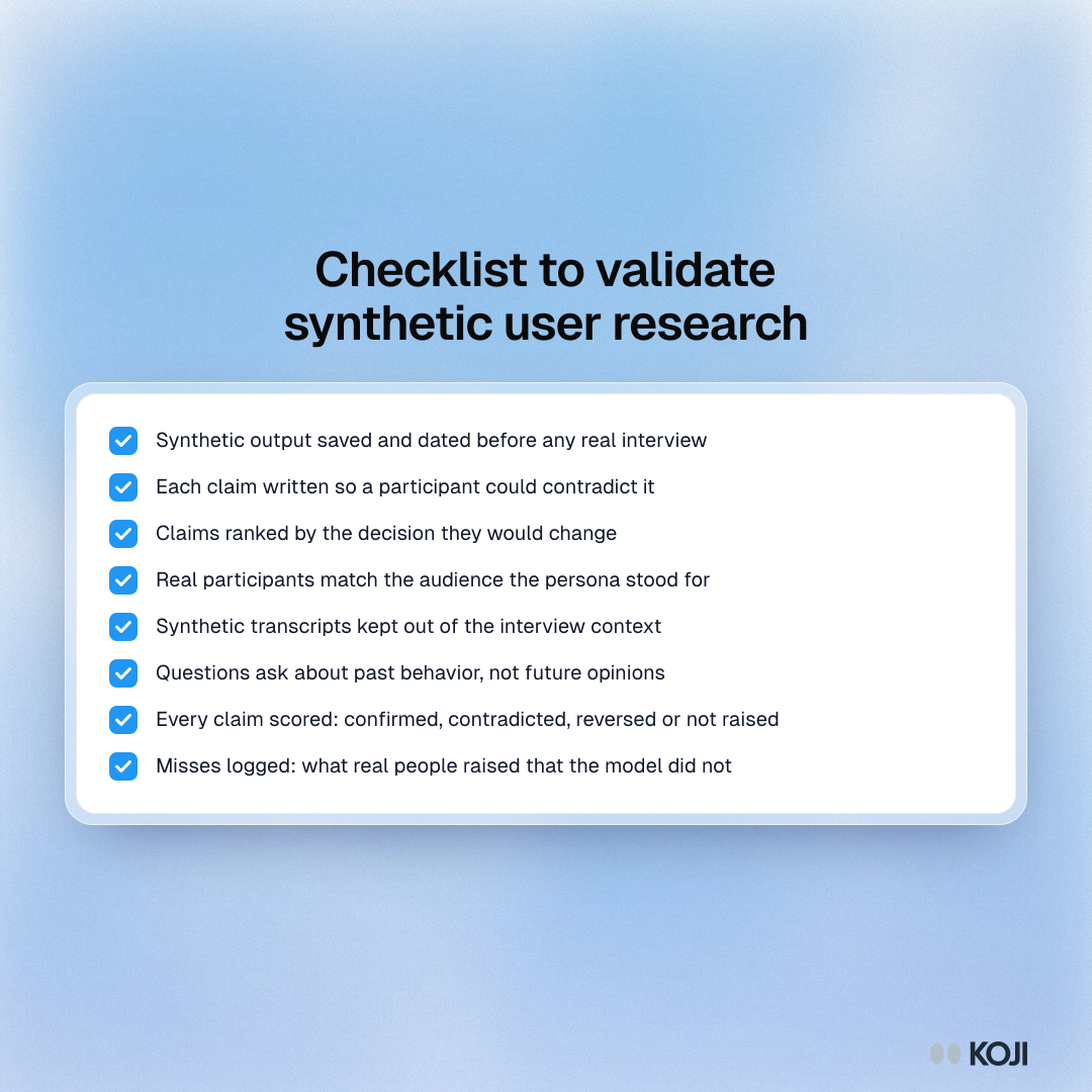 Checklist of eight steps for validating synthetic user research with real participants, from saving the AI output to logging what the model missed.