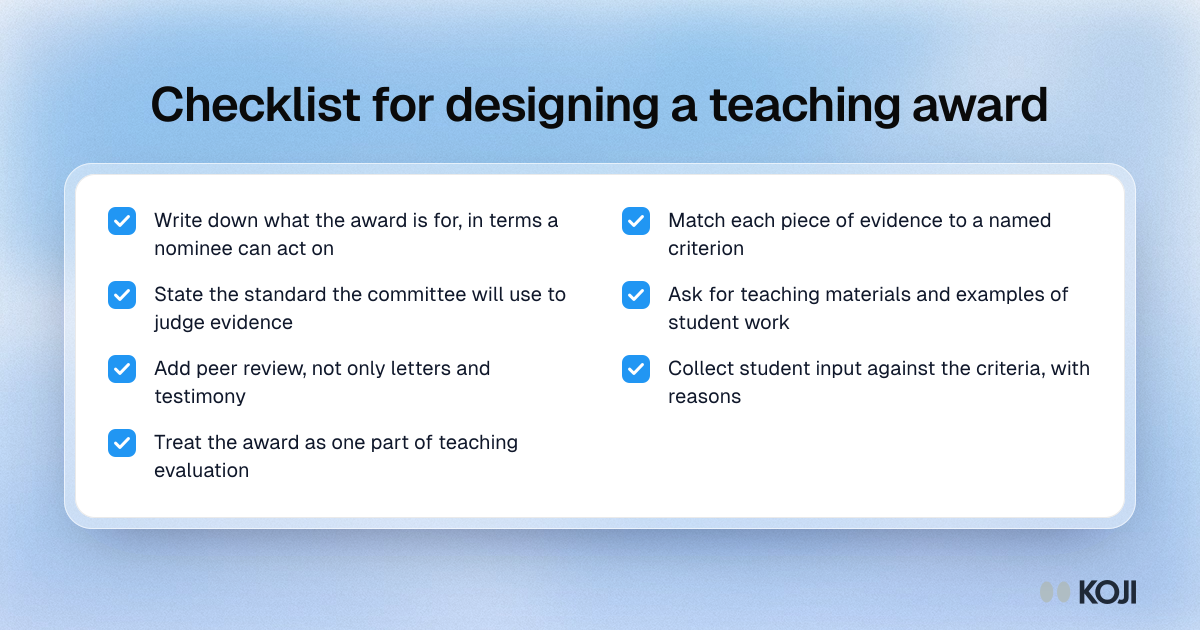 Checklist for designing a teaching award Checklist for designing a teaching award: state criteria, match evidence to each criterion, set standards, ask for teaching materials and student work.