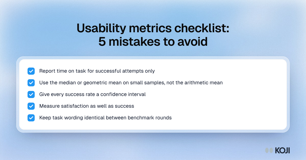 Checklist of five usability metrics mistakes to avoid, from timing failed attempts to changing task wording between benchmark rounds.