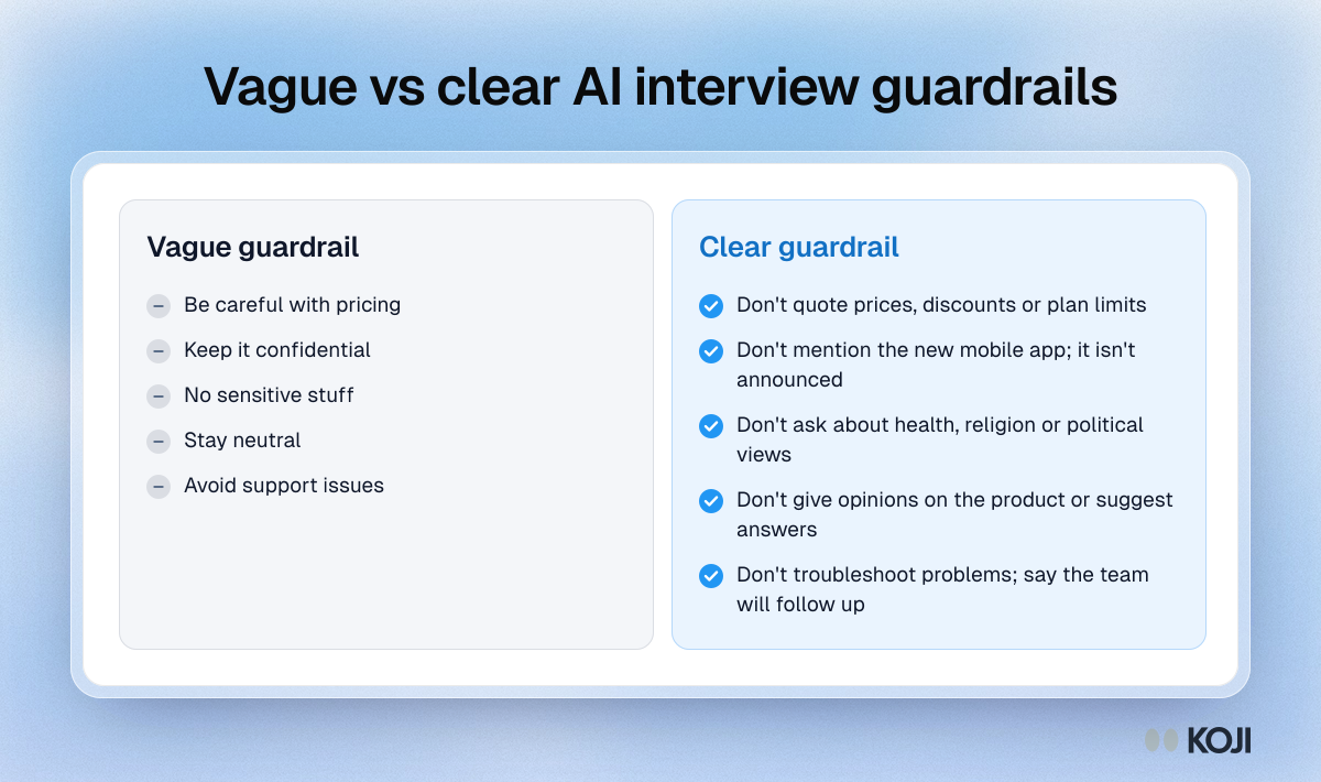 Comparison of vague and clear AI interviewer guardrails, from pricing and confidentiality to sensitive topics and neutrality.